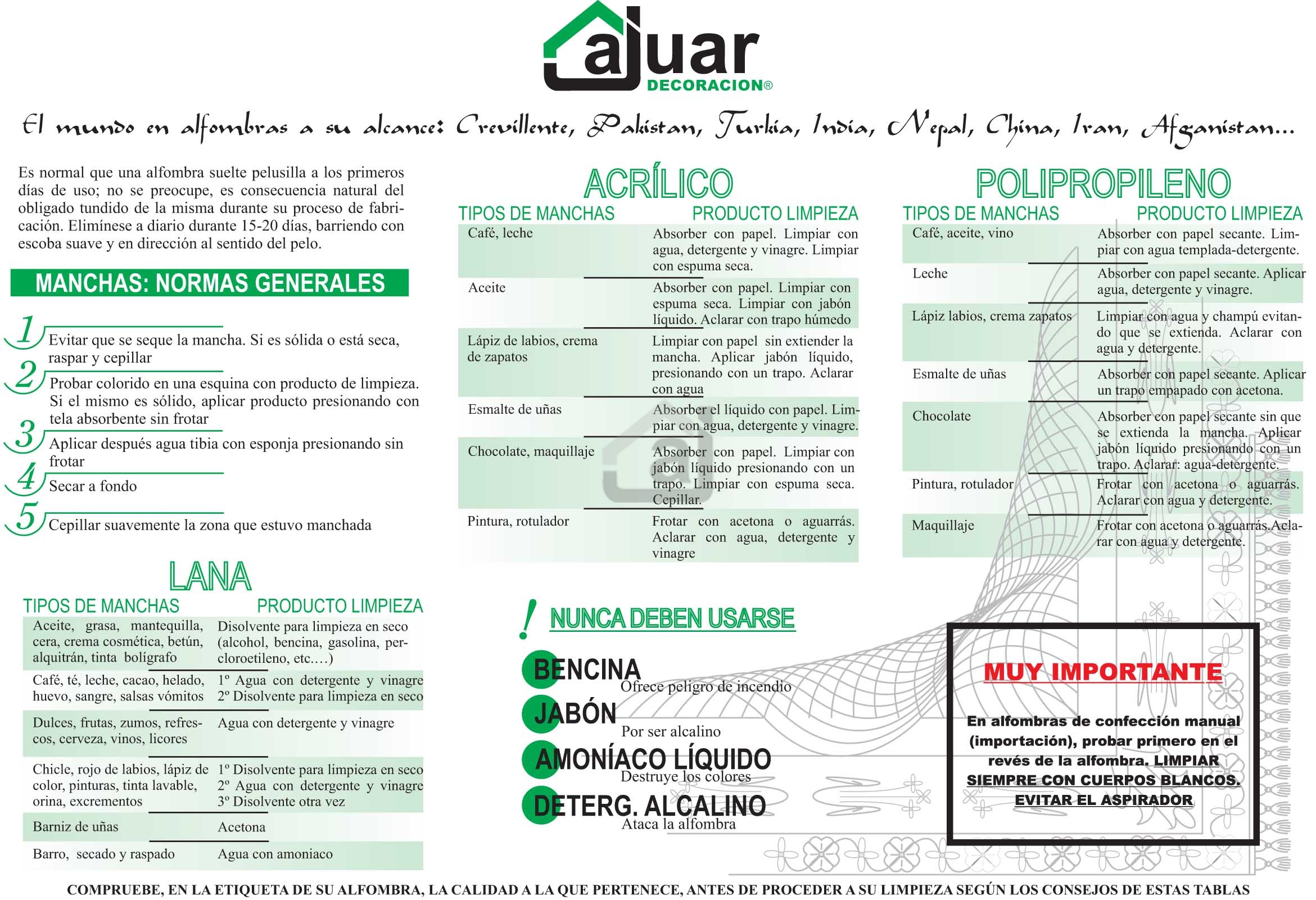 Tríptico de mantenimiento de Alfombras: